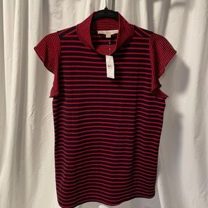 Loft flutter-sleeve top, size M, navy & red